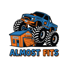 Monster truck parked on top of a small orange toy garage building illustration © MdAnisul