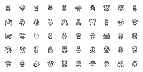 Obraz premium Cute robots icon set. Minimal vector illustration pack. Adorable robot icons featuring friendly, smiling, sci-fi, futuristic, mechanical, cartoon, cute bot designs and more.
