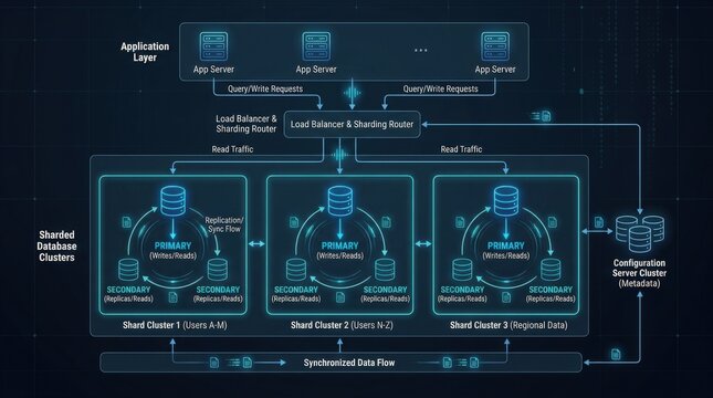 Data sharding and replication architecture diagram for enterprise database management and scalability, clean technology concept showing distributed storage, redundancy and synchronized information