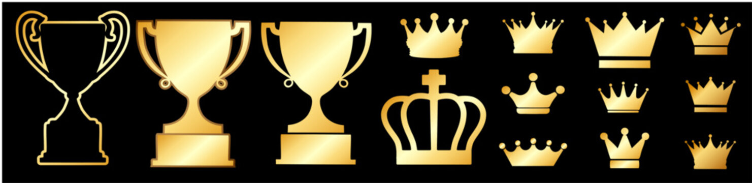 金色のトロフィーと王冠アイコンセット（優勝・ランキング・表彰用の高級エンブレムデザイン素材）