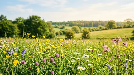 Fototapeta premium Spring meadow with flowers in blossom under sunshine, soft blurred background with copy space for seasonal branding, wellness campaigns and nature editorials, bright petals, green field and airy