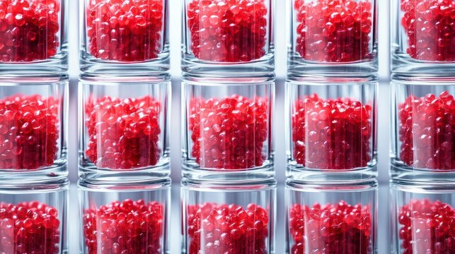 An illustration of a grid of glasses filled with red plastic polypropylene granules, master batch polymer grains