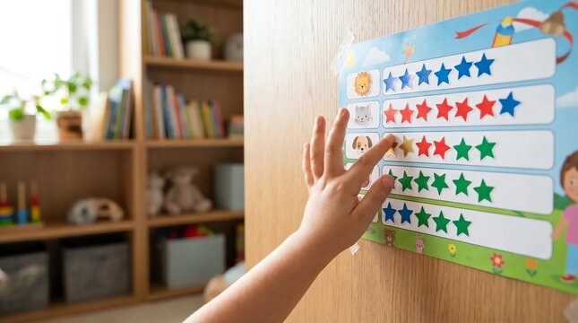 Child hand placing colorful star sticker on animal themed reward behavior chart on wall for positive reinforcement in autism ADHD therapy classroom