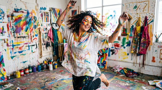 Happy young woman dancing in studio with artistic colorful paint splash, creative makeup aesthetics, mind and body self-expression concept