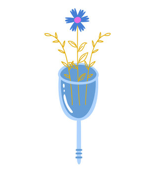 Hand drawn blue menstrual cup with textured stem and elegant golden wild flower for zero waste lifestyle promotion and environmental protection day graphic