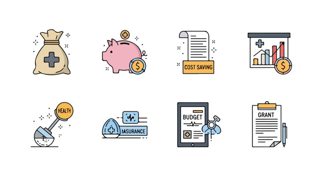 Healthcare finance icons set, medical cost saving and budget planning vector, health insurance and grant application flat line illustrations