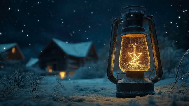 An antique lantern bulb illuminates the night sky in a frosty hamlet