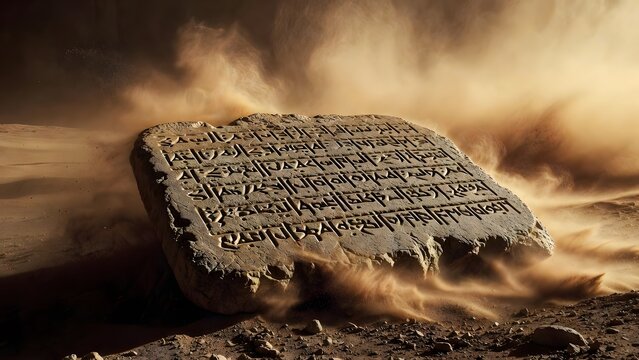 An ancient inscribed law tablet half surrounded by drifting desert dust in a forsaken wilderness, conveying the endurance and severity of sacred words across time, muted golden storm light with dramat