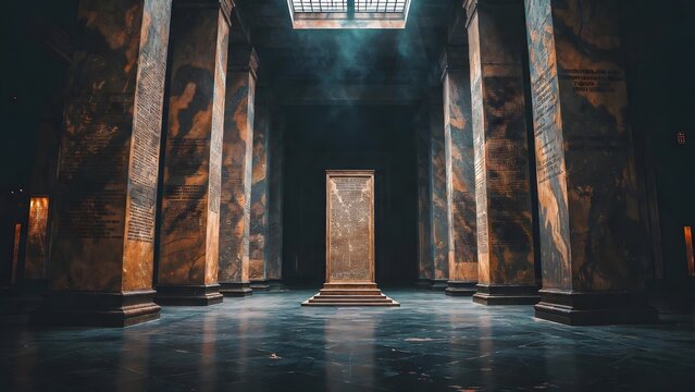 A solitary engraved law monument rising within a vast deserted ceremonial hall, flanked by towering columns and fading inscriptions that suggest the enduring force of sacred command, moody overhead li