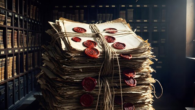 A stack of formal decrees bound with cords and stamped with official red seals, presented as a dense symbolic mass of obligation within an administrative records vault lined with drawers and ledger ni