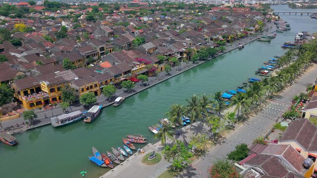 Aerial panoramic view of Hoi An city, Da Nang province, Vietnam. Panoramic footage of Hoian ancient town, UNESCO world heritage. One of the most travel popular touristic destinations 