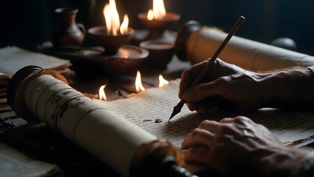 A scribe&rsquo;s hand pressing a reed pen beside a nearly completed scroll of law that dominates the frame as a symbol of the seriousness of written command, within a quiet scriptoria workspace filled with 
