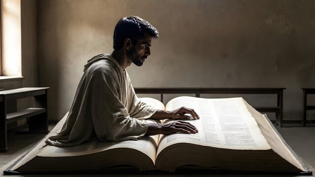 A scholar seated before an oversized law volume whose pages visually outweigh the surrounding space, inside a restrained academic hall with bare walls, simple benches, and an atmosphere of concentrate