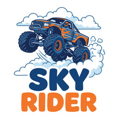 Monster truck jumping in the sky with clouds and Sky Rider text © MdAnisul