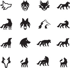 Minimalist black wolf silhouette icons and wild predator logo elements set © Nusrat