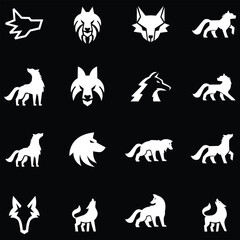 Fototapeta premium High contrast white wolf silhouette icons collection set on black background