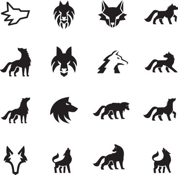 Minimalist black wolf silhouette icons and wild predator logo elements set