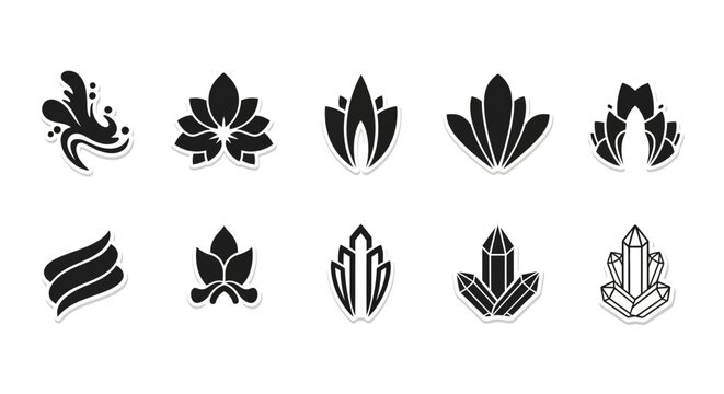 Set of abstract geometric flower and crystal icon designs.