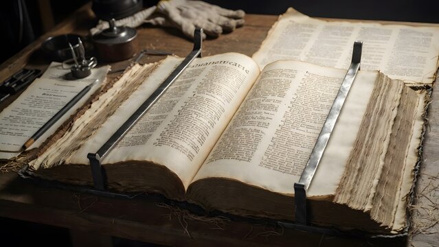 A sacred law manuscript pressed beneath a forged metal frame to keep its pages open, displayed in a restoration workshop where conservation tools and reference notes imply the enduring seriousness of 