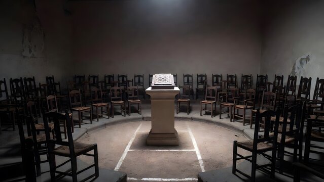 A ring of empty judicial chairs surrounding a central pedestal bearing a sacred law relic, presenting the burden of judgment through absence and anticipation inside a circular council room with bare w