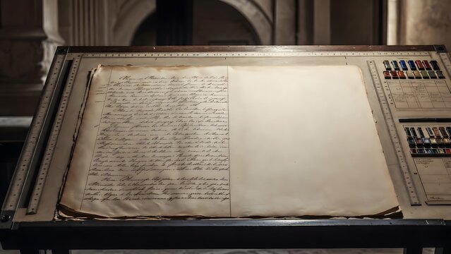A nearly finished legal folio with one vast empty margin awaiting completion, presented as a symbol of human responsibility before divine command, set on a raised drafting table inside a quiet chamber