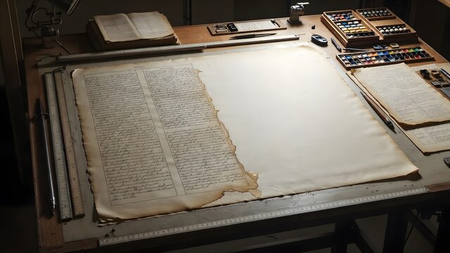 A nearly finished legal folio with one vast empty margin awaiting completion, presented as a symbol of human responsibility before divine command, set on a raised drafting table inside a quiet chamber