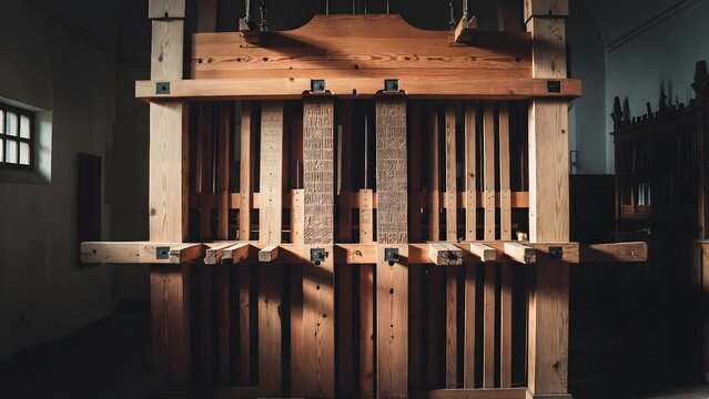 A monumental wooden calculation device engraved with sacred ordinances instead of numbers, standing within a silent chamber of reason where law and measured consequence merge into one severe symbol, d