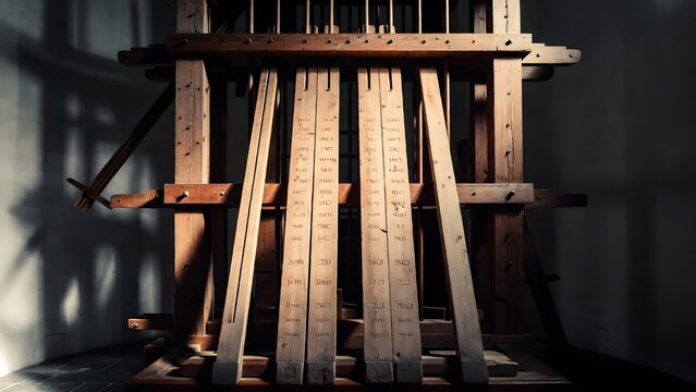 A monumental wooden calculation device engraved with sacred ordinances instead of numbers, standing within a silent chamber of reason where law and measured consequence merge into one severe symbol, d