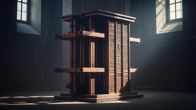 A monumental wooden calculation device engraved with sacred ordinances instead of numbers, standing within a silent chamber of reason where law and measured consequence merge into one severe symbol, d