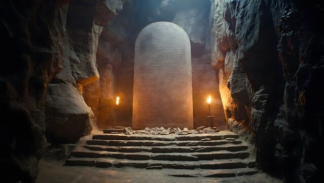 A monumental sacred law tablet located deep inside a cavernous stone chamber, with rough walls, worn steps, and scattered fragments reinforcing the enduring seriousness of revealed instruction, contro