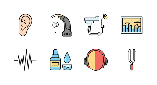 Audiology and hearing aid icon set, 8 medical ear health vector symbols, otolaryngology equipment and sound wave illustrations for healthcare
