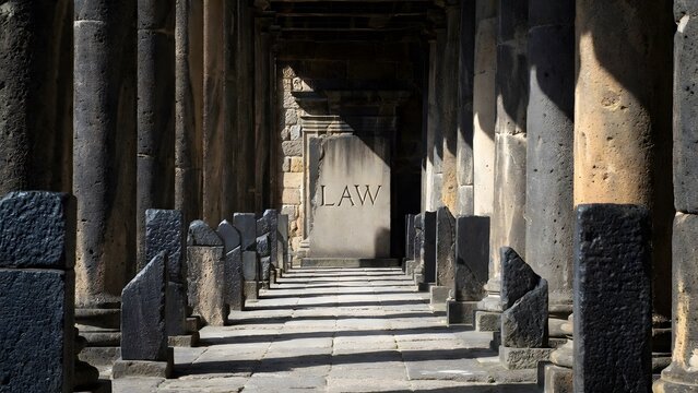 A monumental law slab standing at the end of a long colonnaded pathway lined with fractured stone markers, presenting the law as a destination of seriousness, consequence, and reflection, deep side li