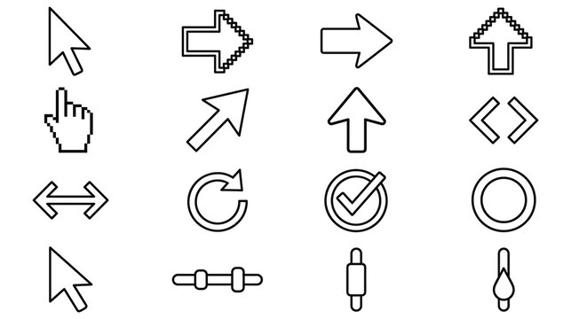 Set of cursor arrow and mouse pointer linear icons.