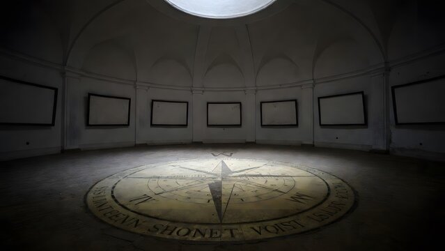 A monumental floor compass whose cardinal arms are inscribed with sacred law instead of directions, representing the law as the orienting center of conscience and decision, inside a deserted navigatio