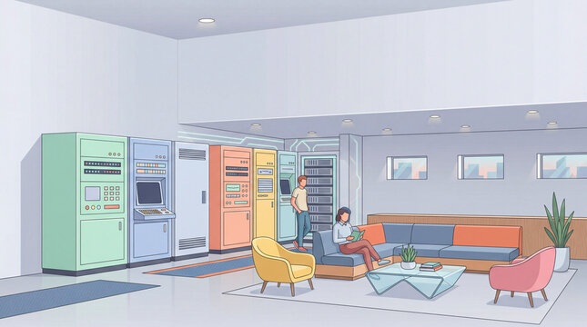 Flat Vector Illustration of a Retro Futuristic Server Room Lounge Interior