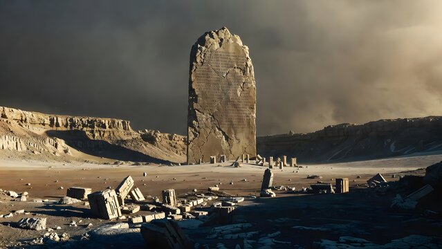 A monumental ancient law tablet standing as an overwhelming symbol of moral burden, surrounded by a barren windswept plateau scattered with weathered relics and fractured ground, low directional storm