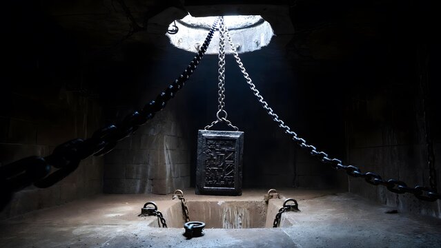 A massive iron chain suspending a carved legal slab over a recessed chamber floor, turning the law into a visibly suspended burden of responsibility and restraint, set inside a severe subterranean vau