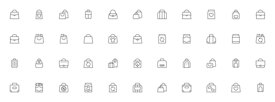Bag icon set. Minimal vector icons pack. Includes handbag, shopping bag, travel luggage, purse, backpack, briefcase, suitcase, clutch, eco bag, grocery bag and more. Editable vector stroke.