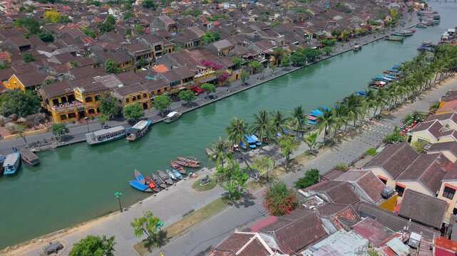 Aerial panoramic view of Hoi An city, Da Nang province, Vietnam. Panoramic footage of Hoian ancient town, UNESCO world heritage. One of the most travel popular touristic destinations 