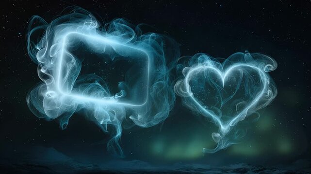 Smoke forms various shapes like hearts and speech bubbles in the dark sky with stars shining. Each frame shows a new design and movement.