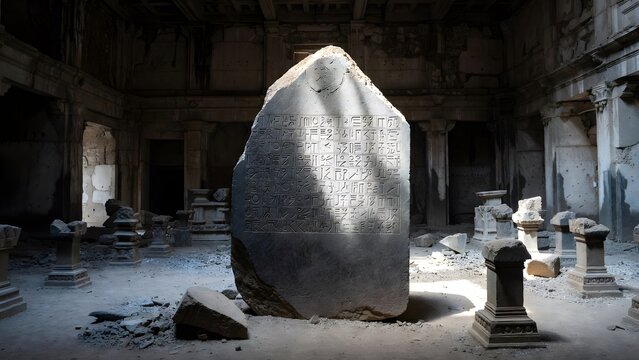 A massive engraved law slab dominating an abandoned ritual courtyard filled with broken pedestals and scattered ash, representing the emotional heaviness of sacred instruction and moral consequence, c