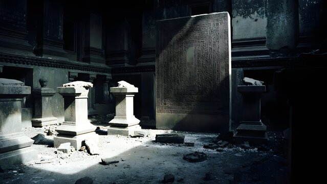 A massive engraved law slab dominating an abandoned ritual courtyard filled with broken pedestals and scattered ash, representing the emotional heaviness of sacred instruction and moral consequence, c