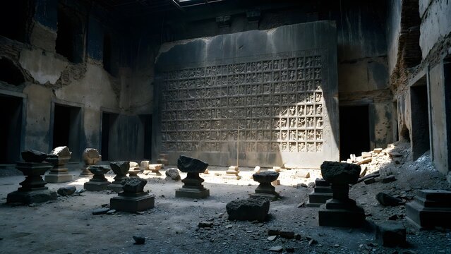 A massive engraved law slab dominating an abandoned ritual courtyard filled with broken pedestals and scattered ash, representing the emotional heaviness of sacred instruction and moral consequence, c