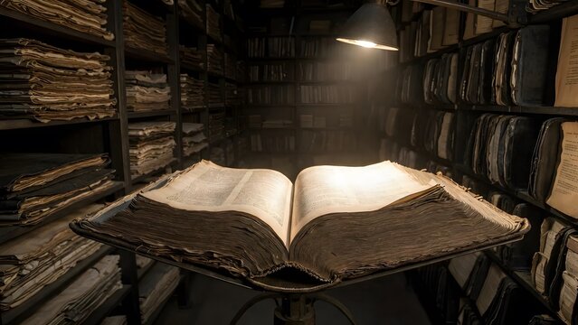 A massive codex of sacred law resting open on an iron reading stand as a symbol of intellectual and moral burden, within a dim archival chamber lined with towering shelves of brittle manuscripts and s