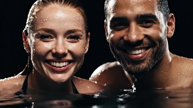 Happy multicultural couple enjoying night swimming in dark pool, close-up portrait with water reflections, romance, wellness, luxury lifestyle and summer vacation concept.