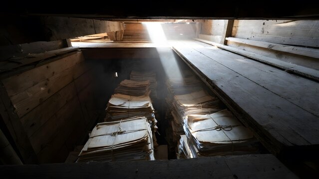 A hidden chamber beneath lifted wooden floorboards revealing bundled sacred legal records and sealed witness statements, the discovery framed as an academic and moral revelation inside an abandoned co
