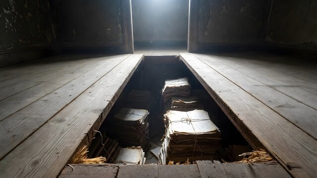 A hidden chamber beneath lifted wooden floorboards revealing bundled sacred legal records and sealed witness statements, the discovery framed as an academic and moral revelation inside an abandoned co