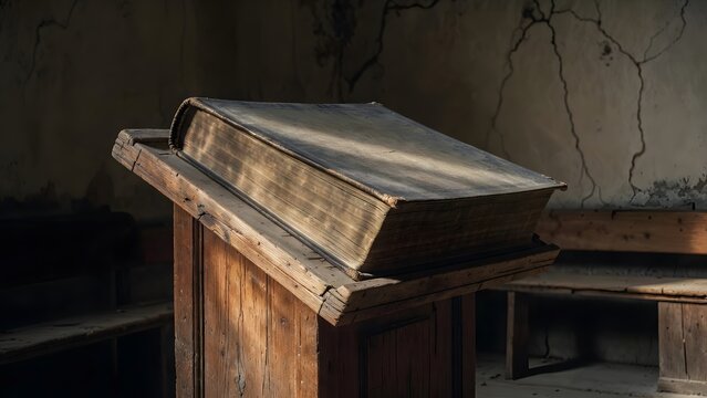 A heavy wooden lectern visibly bowed under an enormous sacred law volume, portraying instruction as physically and intellectually weighty, placed alone in a narrow teaching apse with cracked walls, un