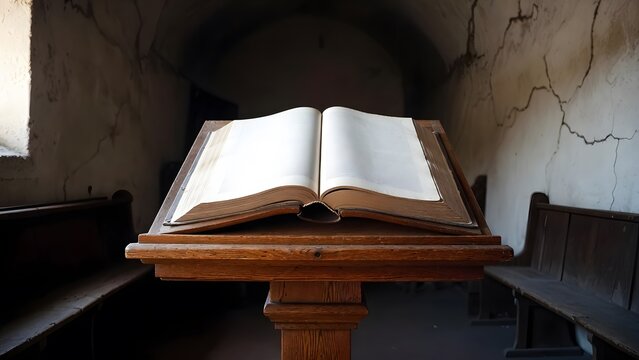 A heavy wooden lectern visibly bowed under an enormous sacred law volume, portraying instruction as physically and intellectually weighty, placed alone in a narrow teaching apse with cracked walls, un