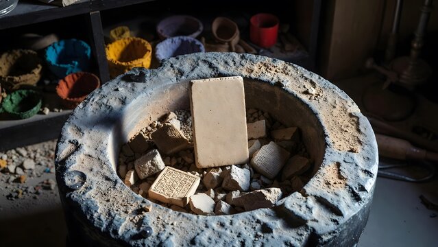 A heavy stone mortar containing fragments of broken commentary tablets around an intact sacred law piece, symbolizing the tension between interpretation and unaltered command inside a scholar&rsquo;s materi